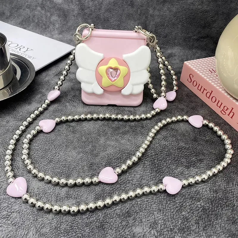Kawaii Star Wing Beaded Lanyard Phone Case for Samsung Galaxy Z Flip & Samsung W23
