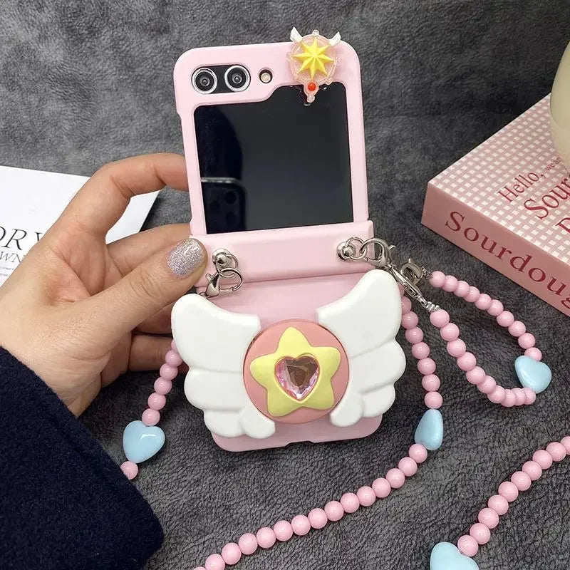 Kawaii Star Wing Beaded Lanyard Phone Case for Samsung Galaxy Z Flip & Samsung W23