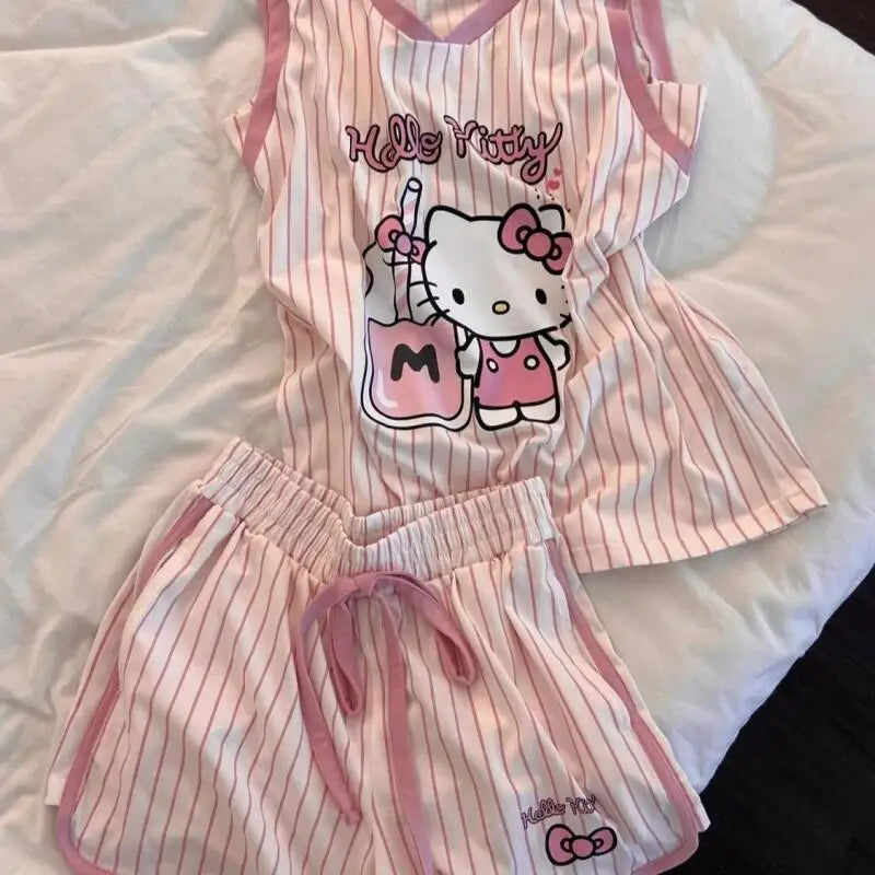 Kawaii Pink Stripe Pajama Shorts Set
