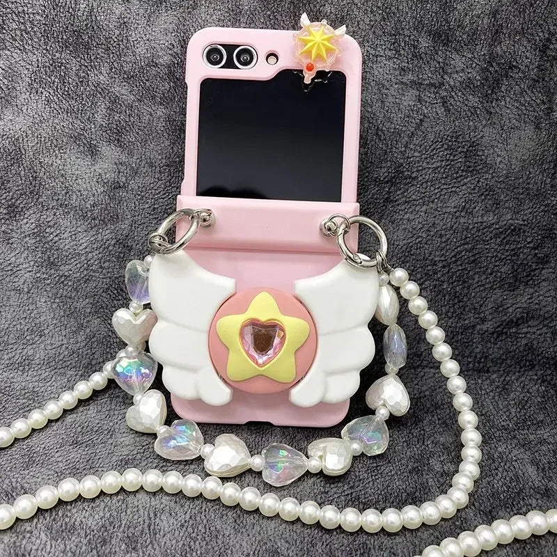 Kawaii Star Wing Beaded Lanyard Phone Case for Samsung Galaxy Z Flip & Samsung W23