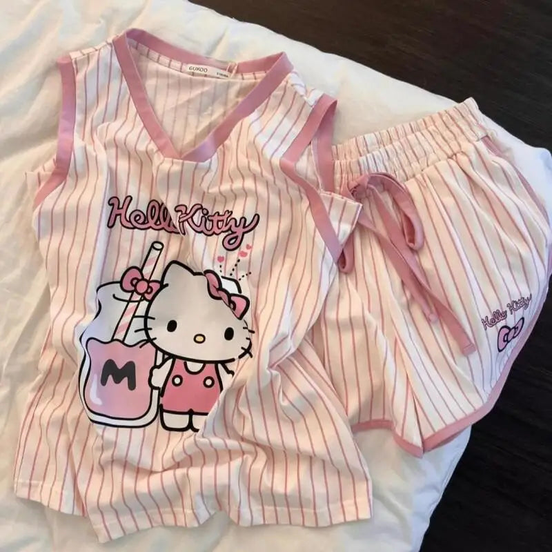Kawaii Pink Stripe Pajama Shorts Set
