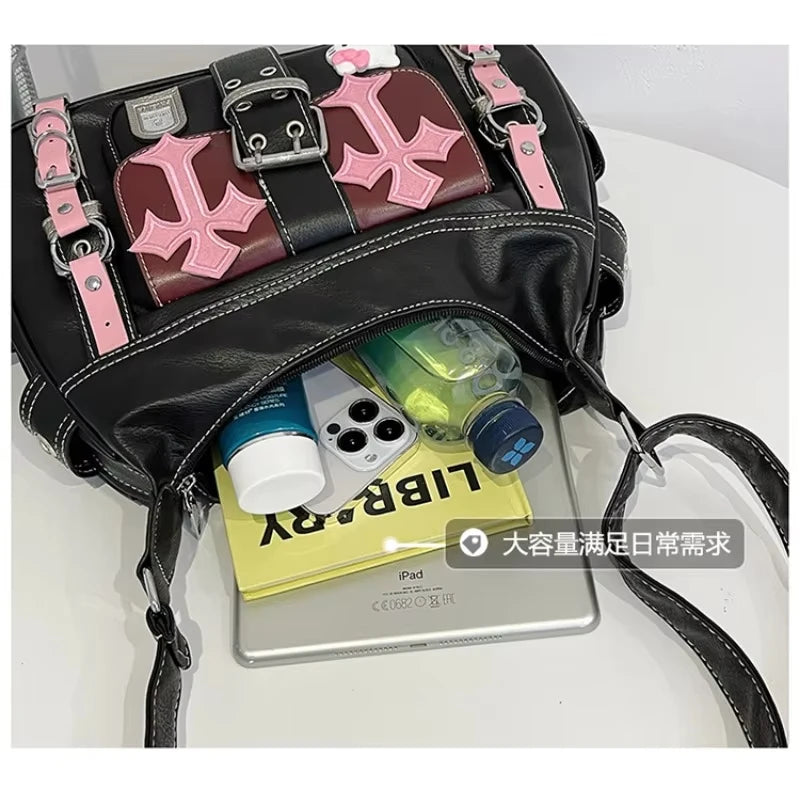 Gothic Punk Vintage Pink Cross Chains Crossbody Bag