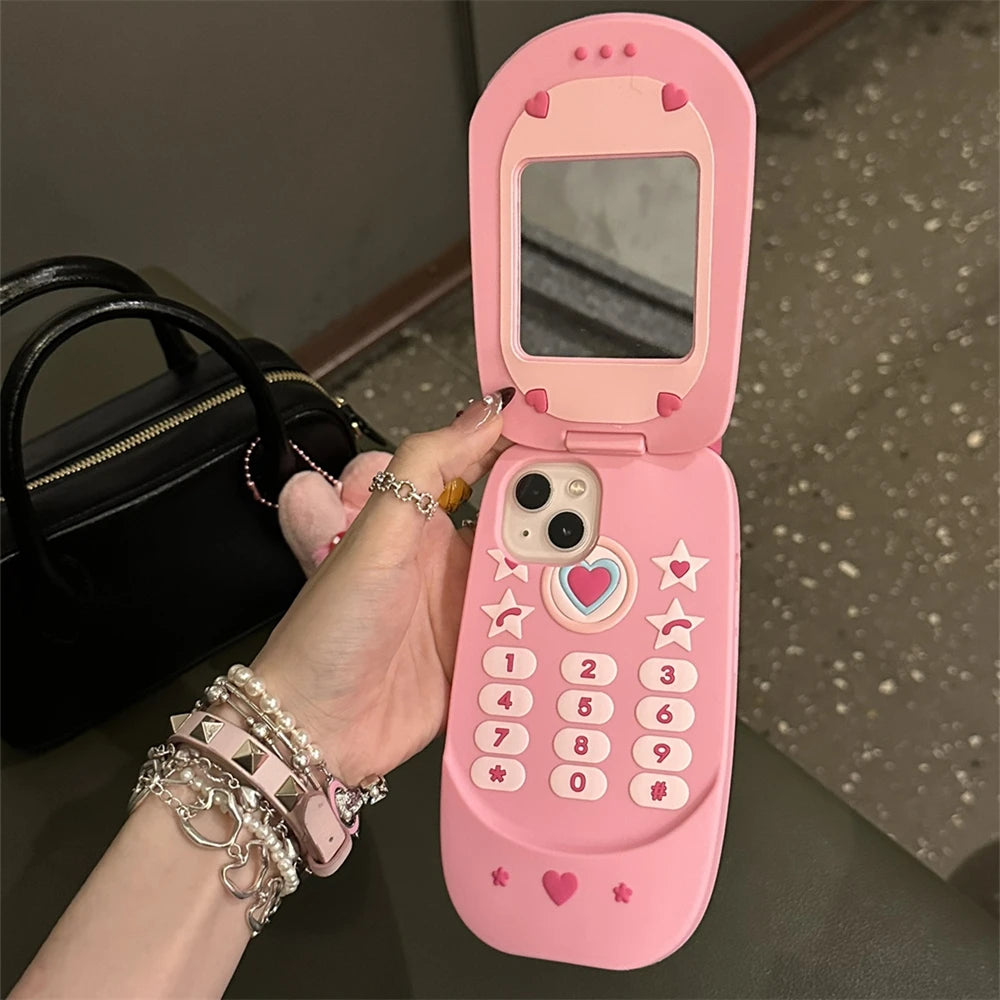 Cute 3D Pink Cellphone Flip Mirror Silicone Phone Case