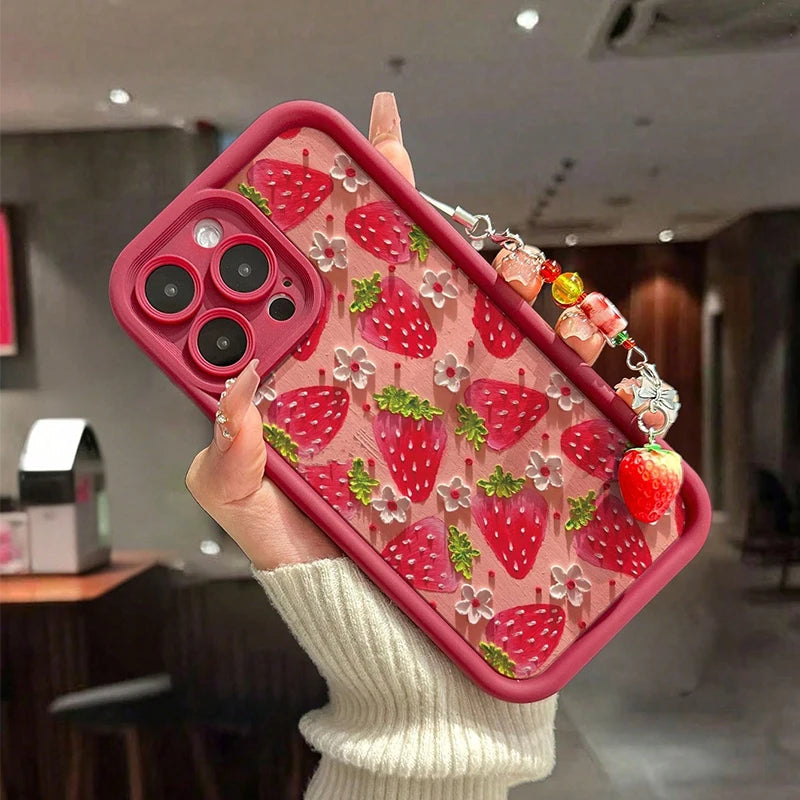 Strawberry Flower Painting Pendant Chain Phone Case