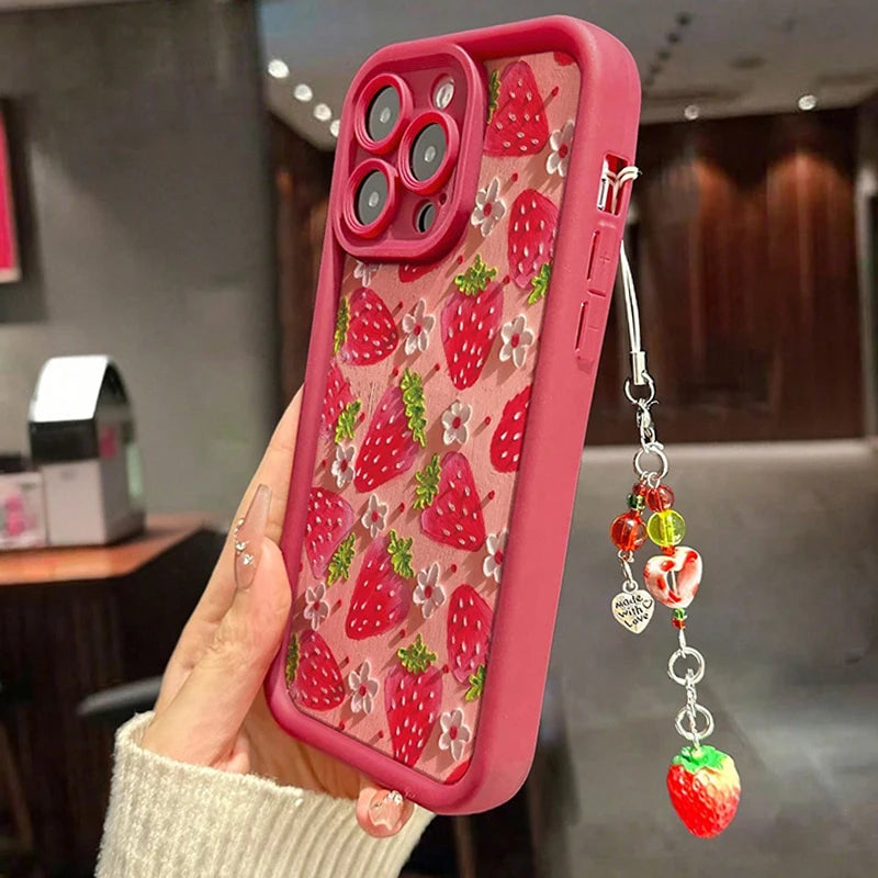 Strawberry Flower Painting Pendant Chain Phone Case