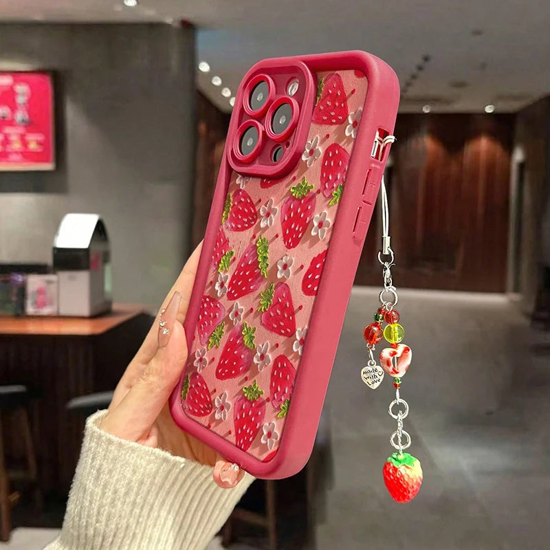 Strawberry Flower Painting Pendant Chain Phone Case