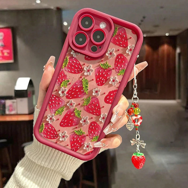 Strawberry Flower Painting Pendant Chain Phone Case