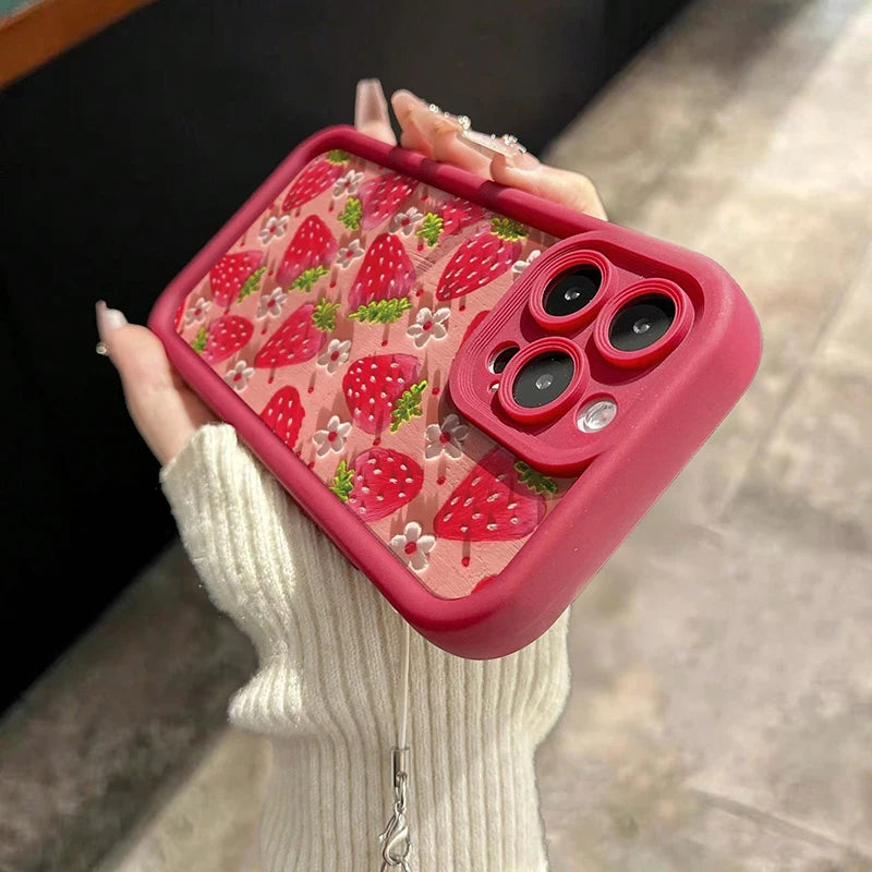Strawberry Flower Painting Pendant Chain Phone Case