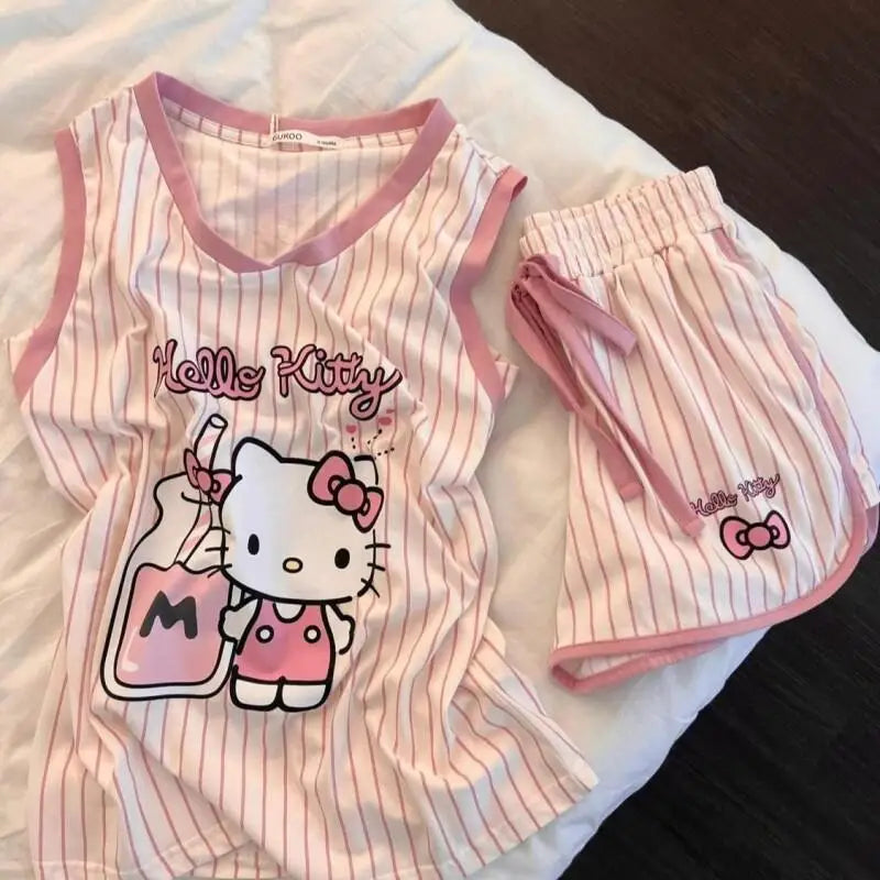 Kawaii Pink Stripe Pajama Shorts Set