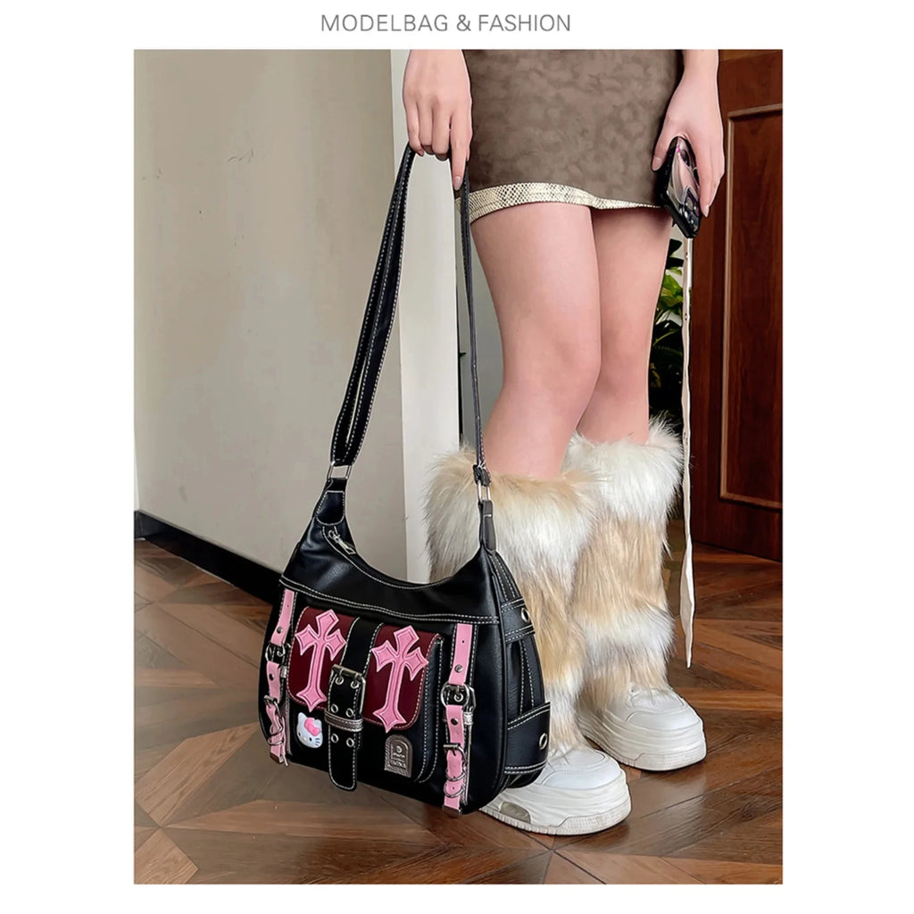Gothic Punk Vintage Pink Cross Chains Crossbody Bag