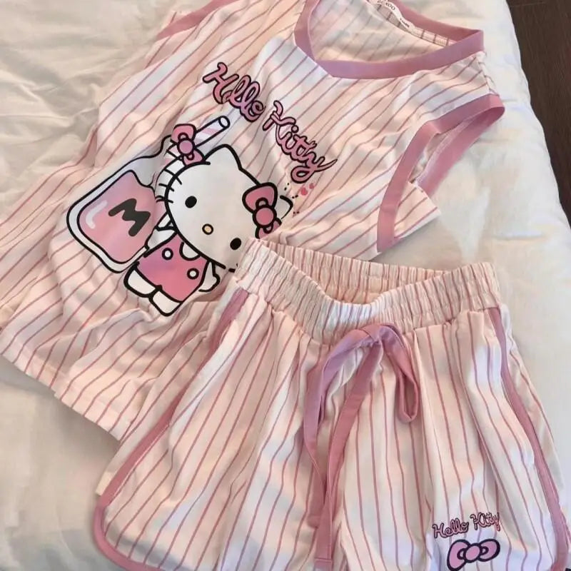 Kawaii Pink Stripe Pajama Shorts Set