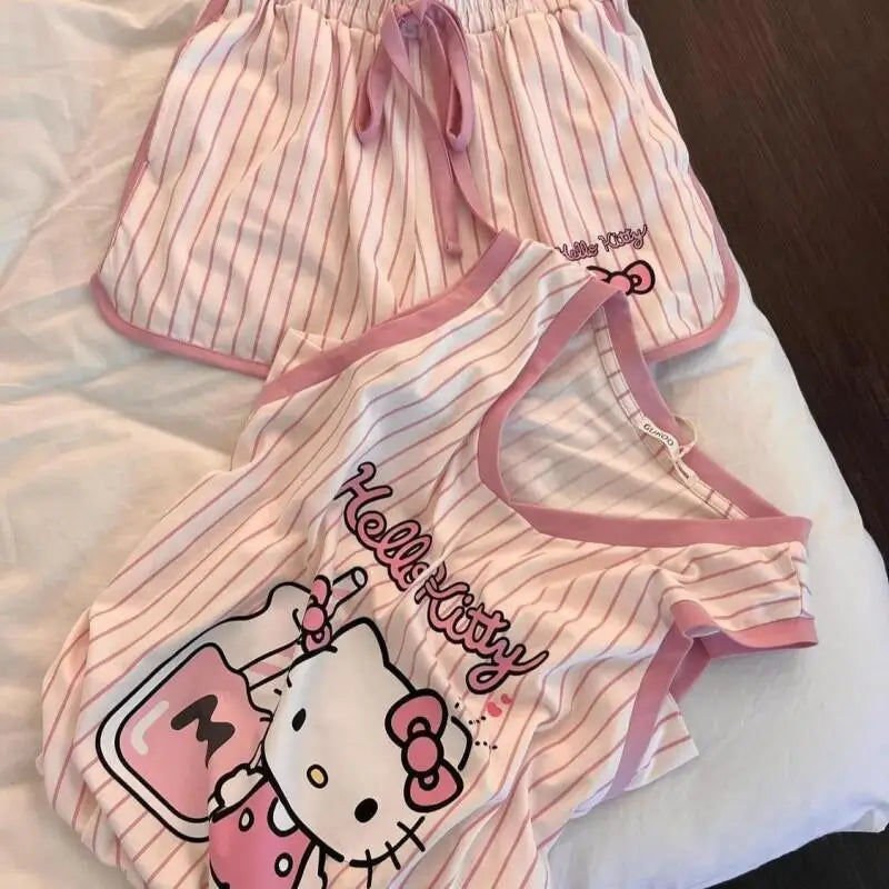 Kawaii Pink Stripe Pajama Shorts Set