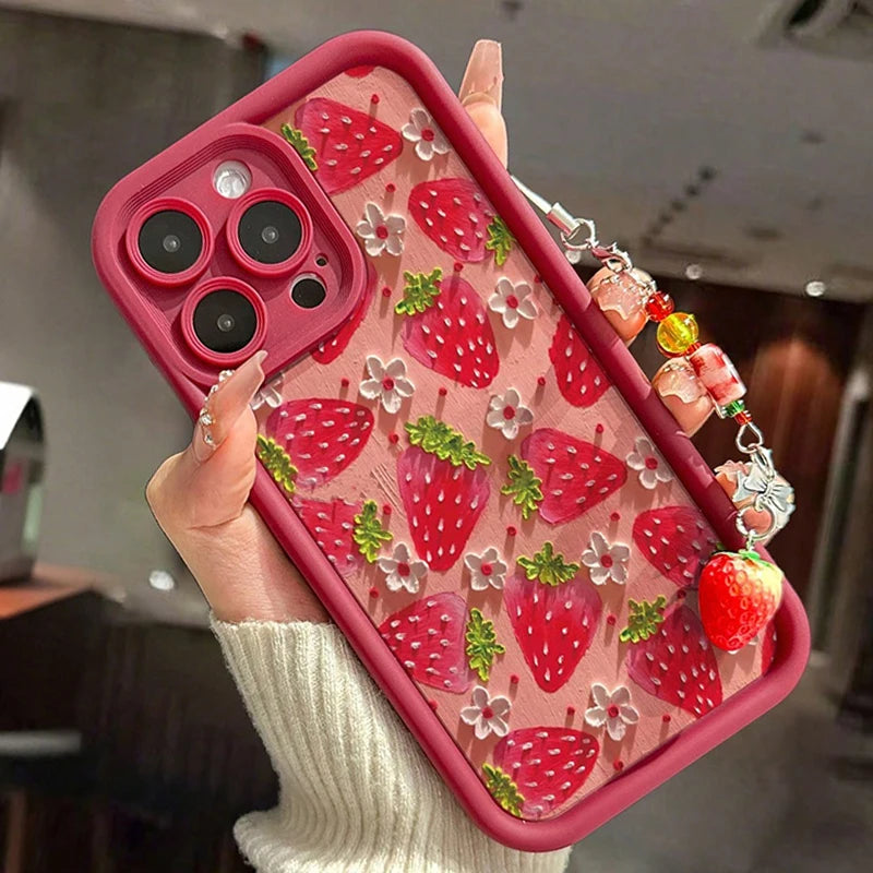 Strawberry Flower Painting Pendant Chain Phone Case